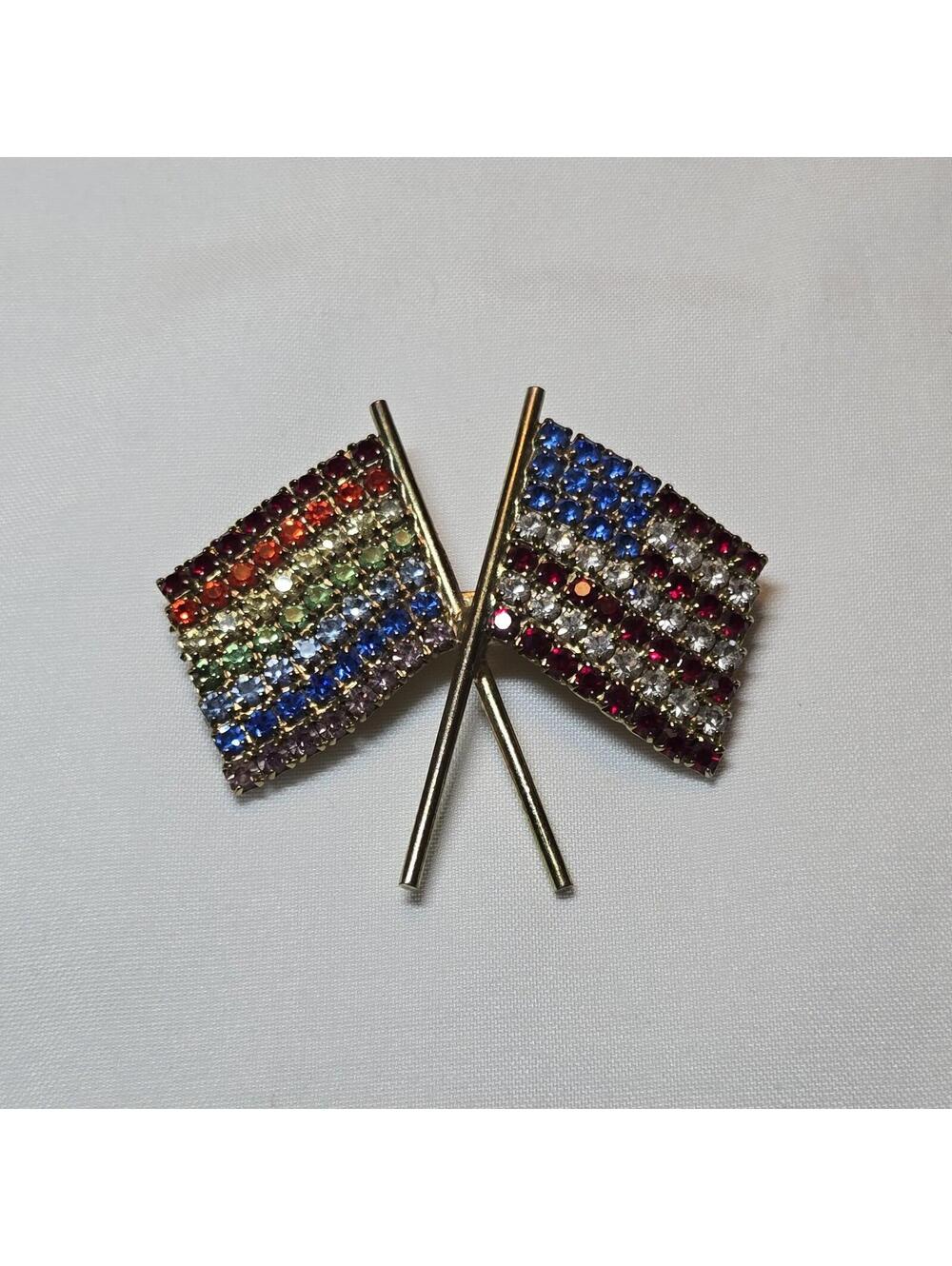 Vintage Rhinestone Crossed Flag Brooch USA & Rainbow Pride Gold Tone Pin Used